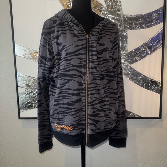 Harley-Davidson Jackets & Blazers - Harley-Davidson Reversible Black & Gray Zebra-Stripe Zip Hoodie with Orange Logo